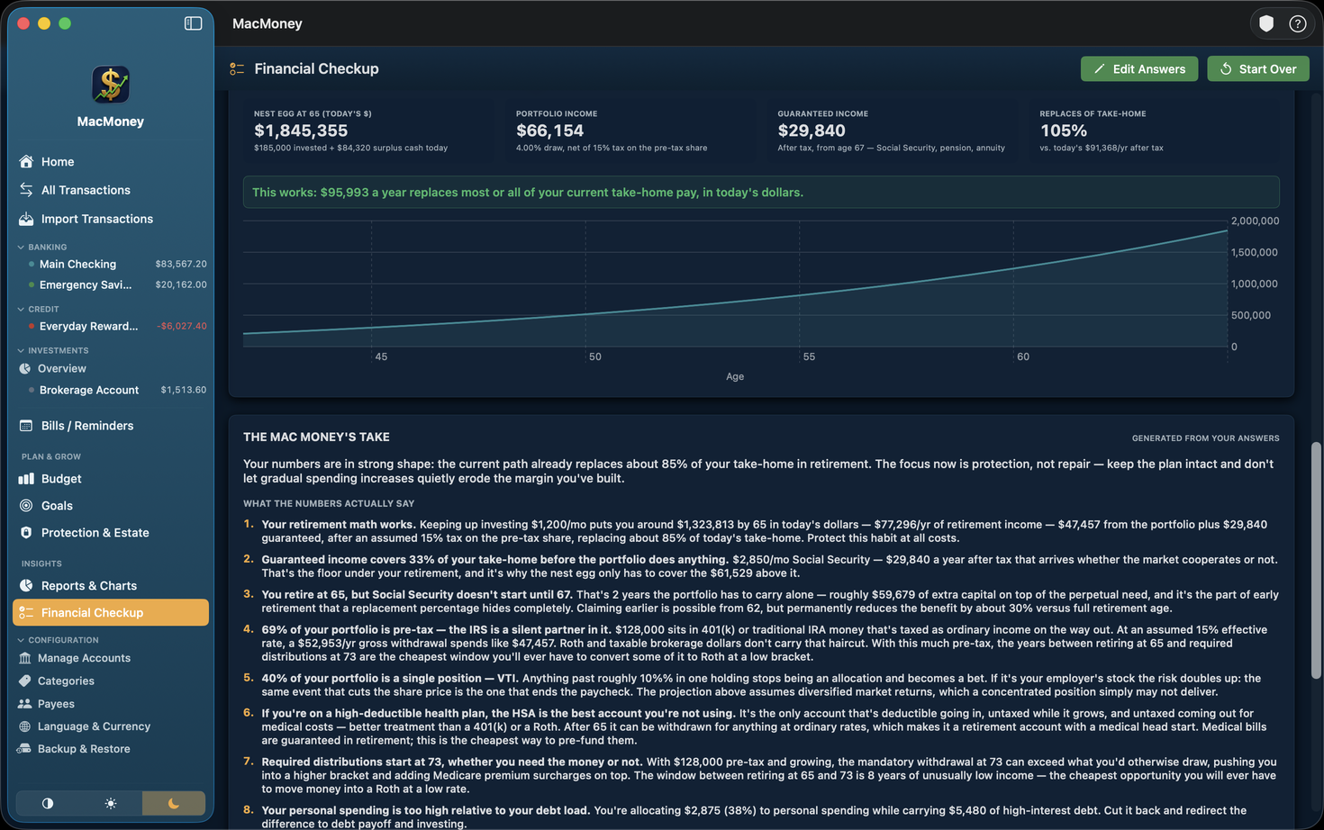 MacMoney Financial Checkup written assessment with retirement projection and findings