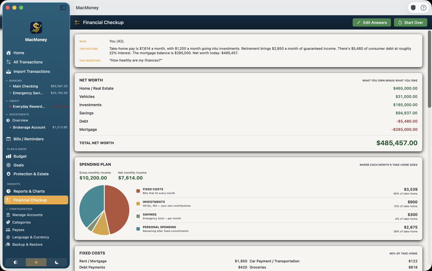 MacMoney Financial Checkup showing net worth, spending plan, and fixed costs