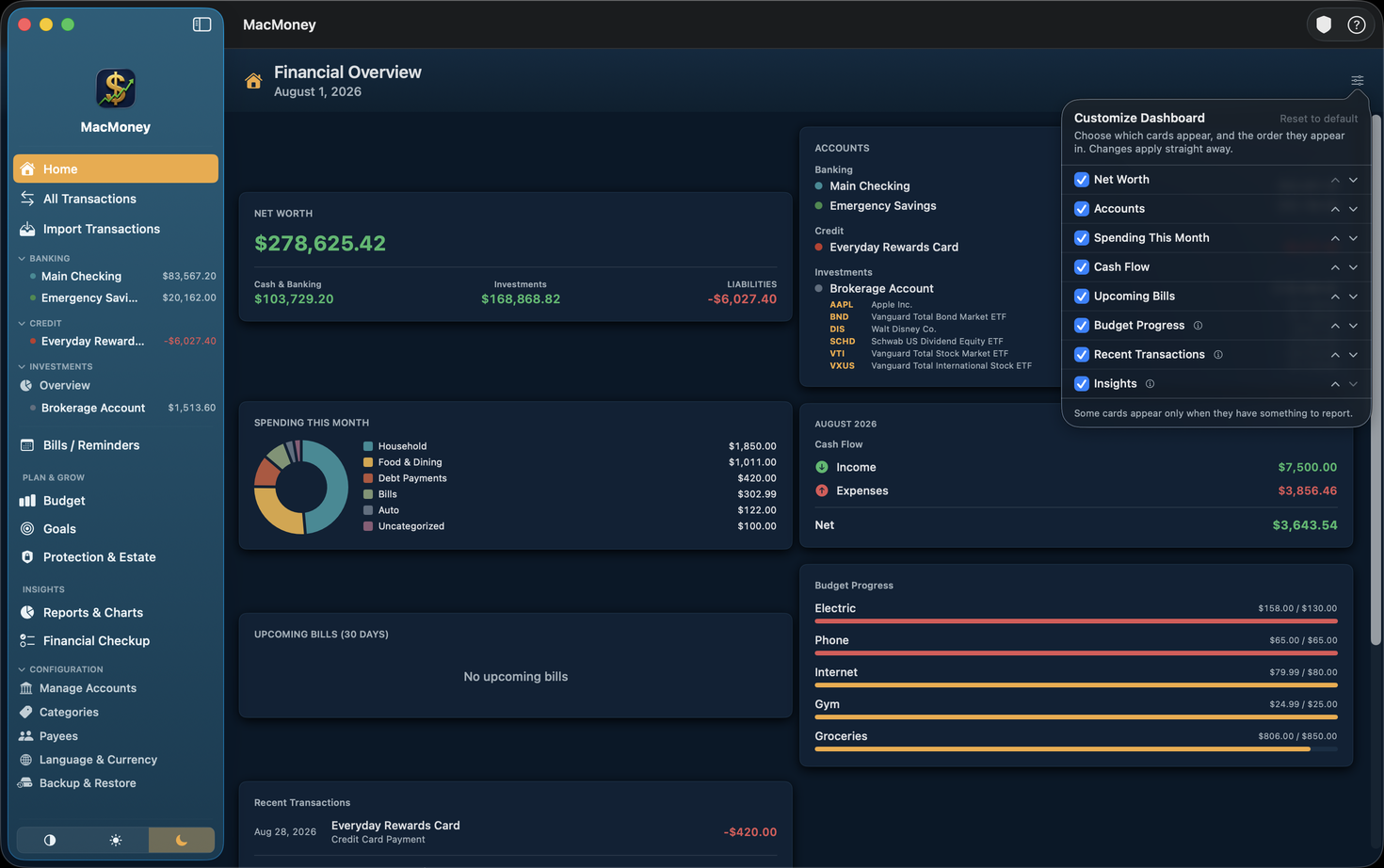 MacMoney home dashboard with the Customize Dashboard panel open, showing each card with a checkbox and reorder arrows