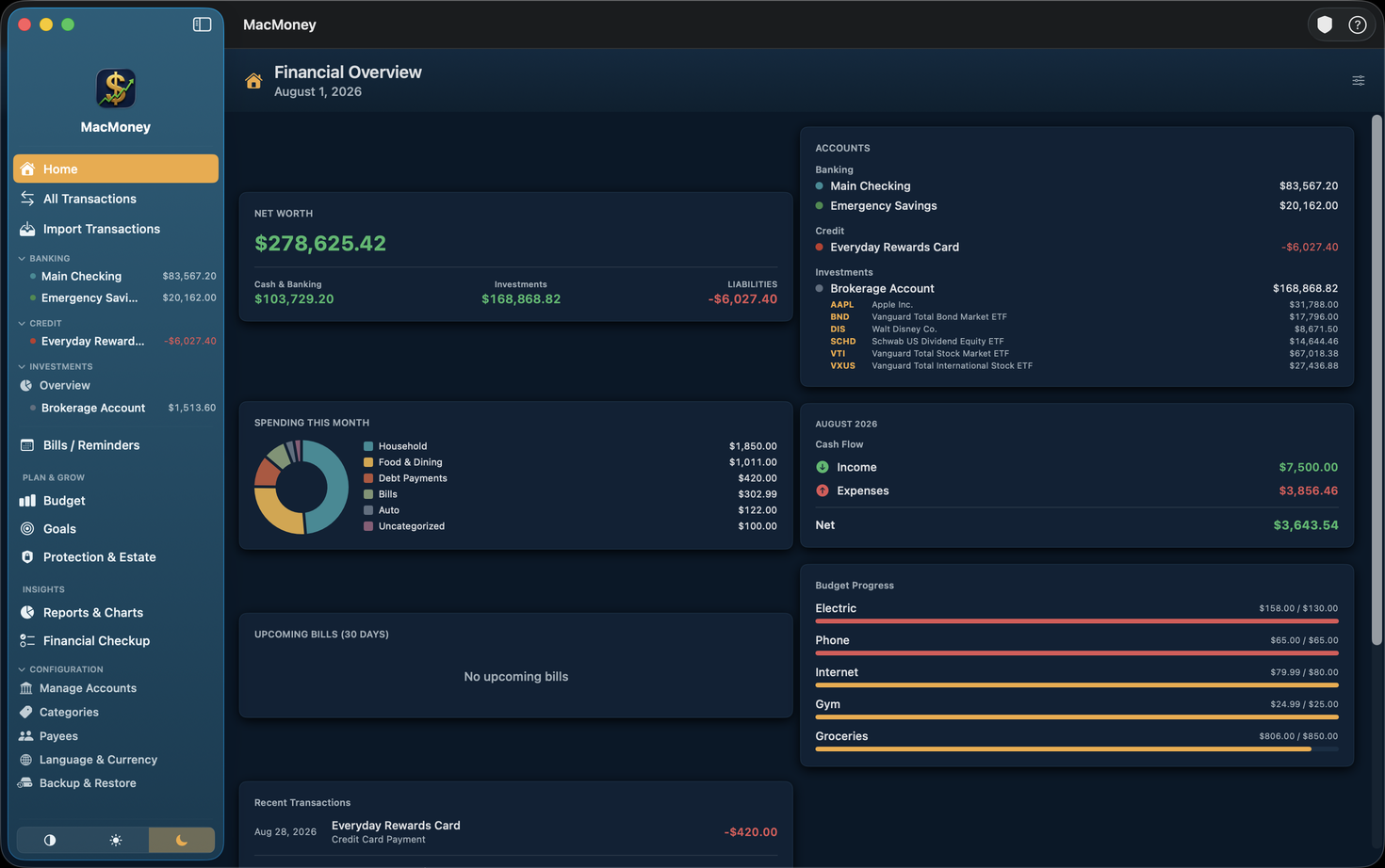 MacMoney Financial Overview dashboard showing net worth, accounts, cash flow and upcoming bills