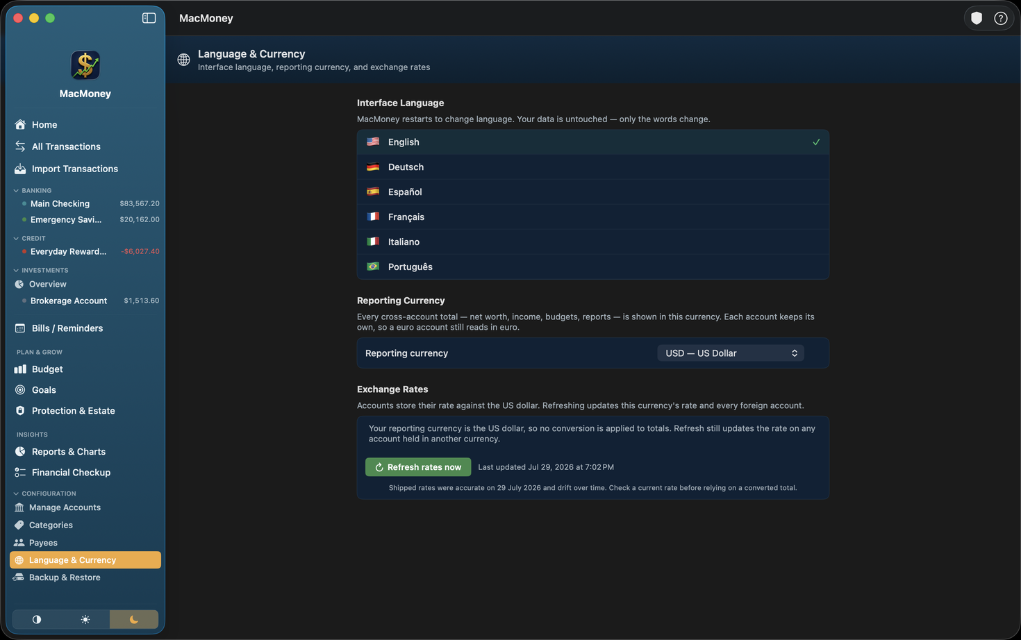 MacMoney Language and Currency settings with interface language, reporting currency and exchange rates