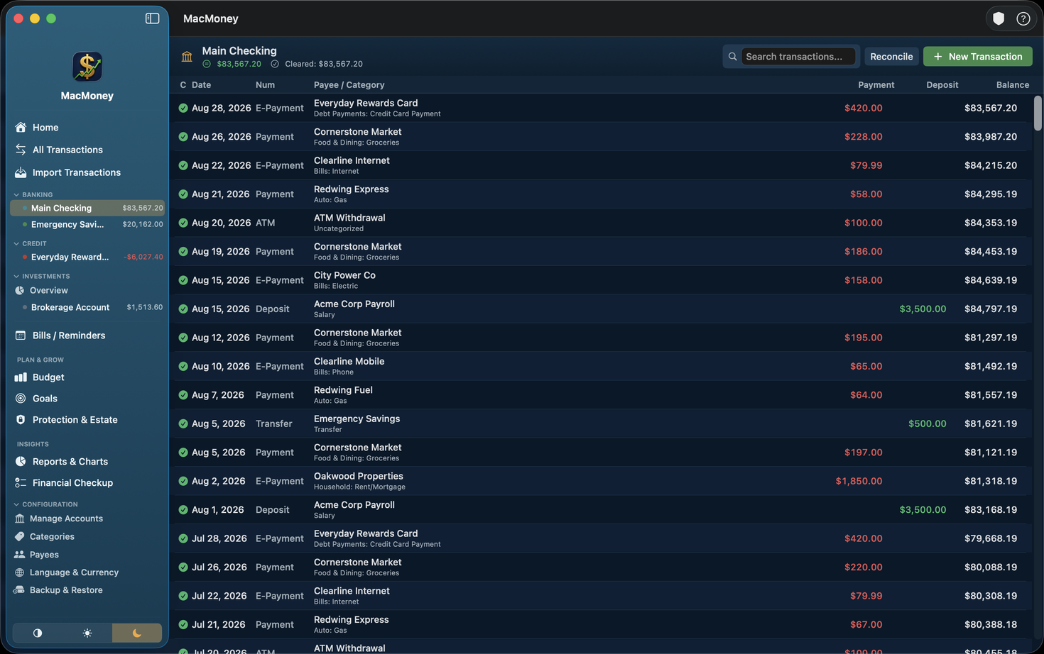 MacMoney account register showing categorised transactions with a running balance