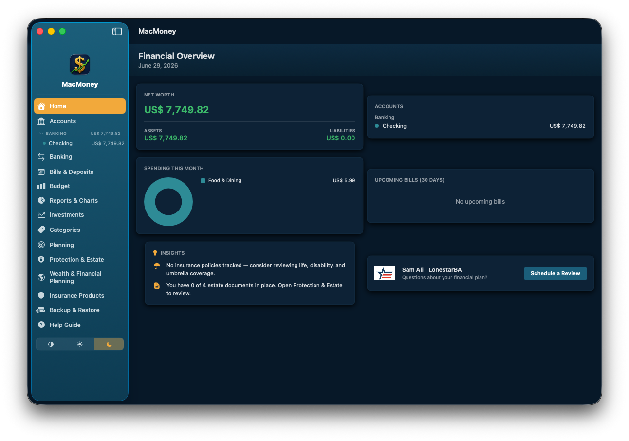 MacMoney Financial Overview dashboard showing net worth, accounts, spending, and insights